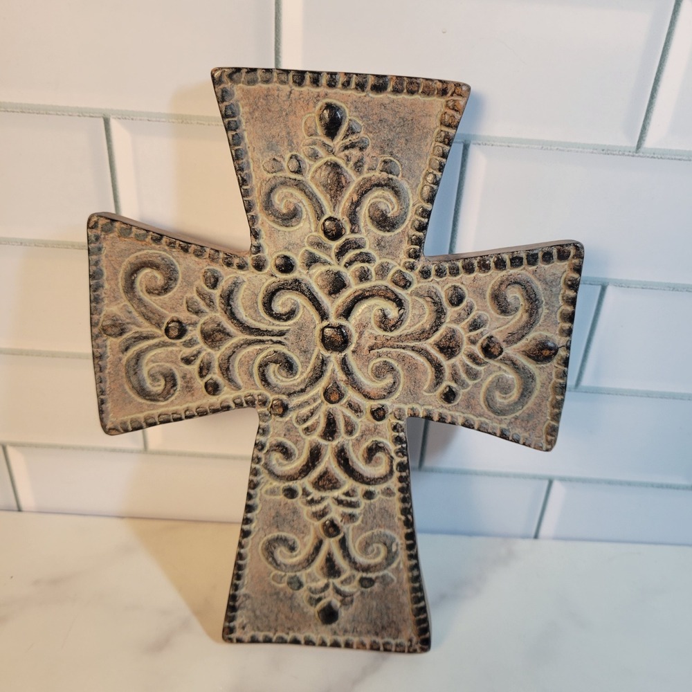 Rustic Filigree Scrollwork Wall Cross Decorative Religious Home Decor Brown 8in